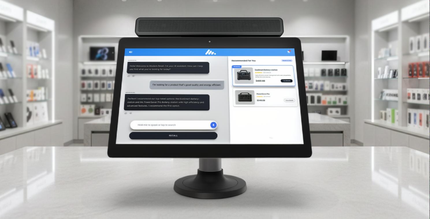 Écran tactile Elo interactif sur un comptoir avec une barre de son montée sur le dessus guidant la sélection de produits et les recommandations dans un environnement de vente au détail, illustrant l'IA agentique en action